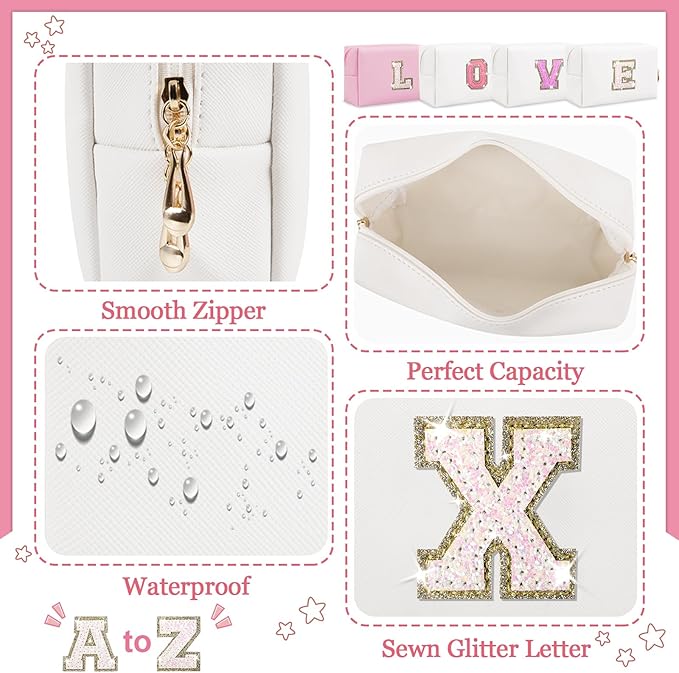 Initial Letter Patch Makeup Bag, Preppy Glitter Letter Pouch Cosmetic Bag,Small PU Travel Toiletry Bag Zipper,Personalized Monogrammed Gift for Friends Sister,Cute Stuff for Women Teen Girls(Letter X)