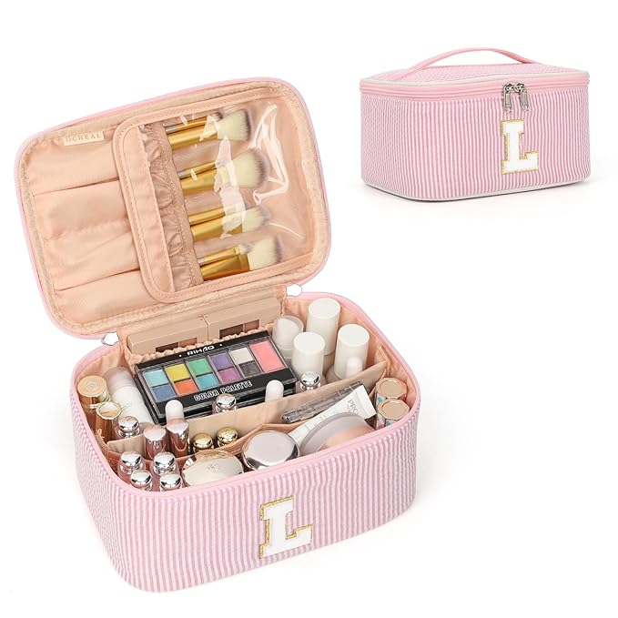 OCHEAL Makeup Bag for Women, Monogram Cosmetic Bag with Brush Holder, Pink Travel Makeup Case Beauty Toiletry Bag Organizer Personalized Gifts for Girls Bridesmaid, Sister, Wife, Friends Initial L