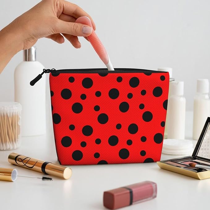 MOLAIGIN Red Black Polka Ladybugs Dot Cosmetic Bag For Women, Travel Makeup Bag, Toiletry Zipper Bag, Large Capacity Aesthetic Cases