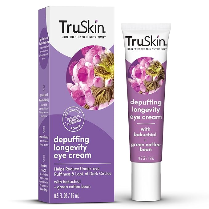 TruSkin Longevity Eye Cream – Caffeine Eye Cream with Bakuchiol, Lingonberry Stem Cells & Green Coffee Bean – Healthy Aging Gentle Retinol Alternative, Puffiness, Dark Circles, 0.5 fl oz