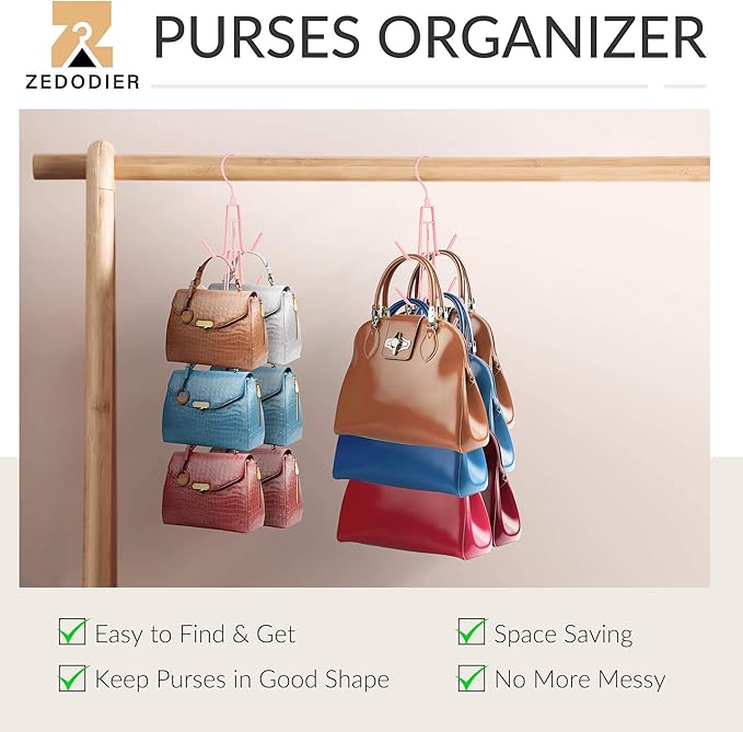 ZEDODIER Purse Hanger Organizer for Closet, Hanging Bag Holder, Keeping Purses Visible and in Good Condition, Metal Handbag Storage Hook Backpack Rack Space Saving Hanger, Pink