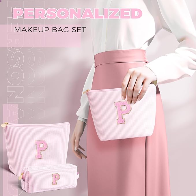 Personalized Makeup Bag for Women Girls - Fashion Cosmetic Bag Trendy Travel Toiletry Bag with Initials Letter - Teen Gifts - Pink,P