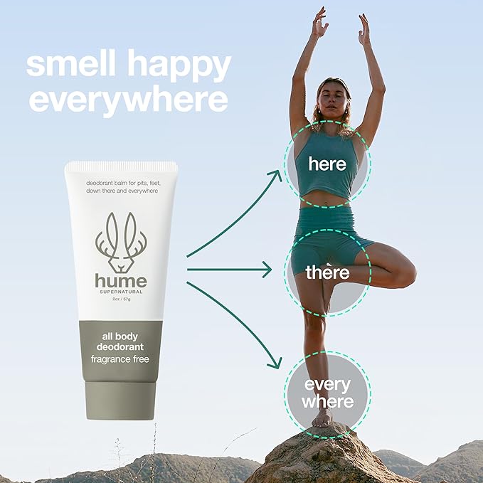 Hume Supernatural Invisible Whole Body Deodorant Balm - Full Body Protection - Aluminum Free, No Baking Soda - Anti-Chafing Odor Control - Clinically Tested on Sensitive Skin (Fragrance Free, 3-Pack)