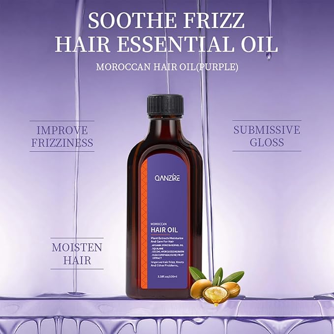 Moroccan Argan Oil,Purple Hair Essential Oil—Leave Hair Soft & Shiny,Deep Moisturizer,Frizz Control,Split End Repair for Dry & Damaged Hair,Hair Treatment Oil for Dry and Frizzy—100ML