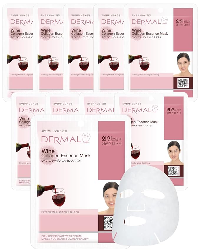 DERMAL Wine Collagen Essence Facial Mask Sheet 23g Pack of 10 - Moisturizing & Firming for Tired Skin, Relieves Skin Stress, Daily Skin Treatment Solution Sheet Mask