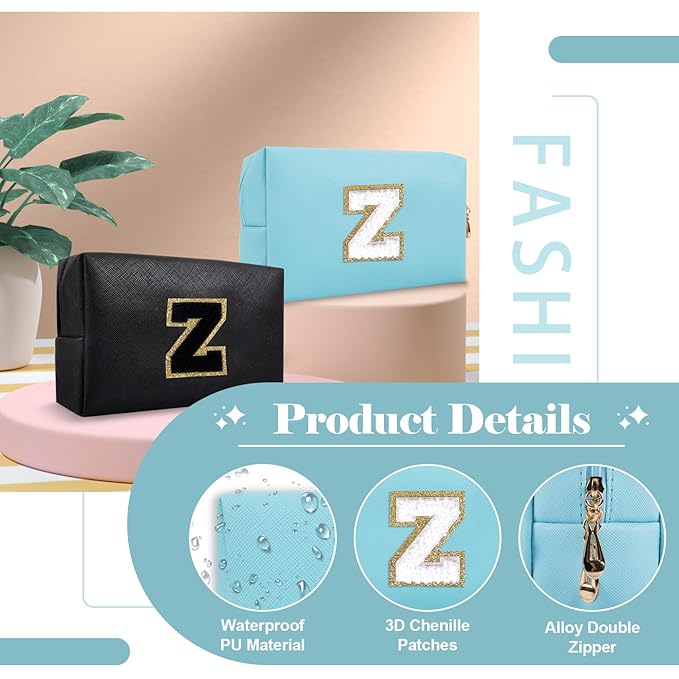 Small Personalized Initial A-Z Preppy Patch Makeup Bag,PU Chenille Letter Travel Cosmetic Pouch with Zipper,Blue Cute Toiletry Bag,Gift Ideal for Teen Girls Women Teacher Bridesmaid,Letter Z