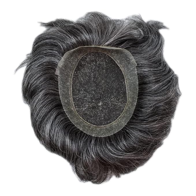 FACE MIRACLE Lace Front Mens Toupee Human Hair System Swiss Lace Center Toupee for Men Thin Skin PU Hair Replacement System V-Looped Mens Hair Wig 7"X9" #1B40 1B# OFF BLACK WITH 40% SYNTHETIC GREY