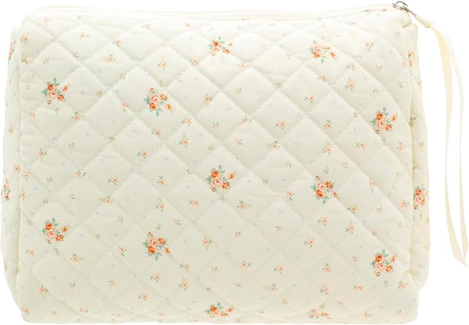PAZIMIIK Quilted Makeup Bag Large Travel Zipper Soft Cosmetic Pouch for Women Girls Make Up,Floral White
