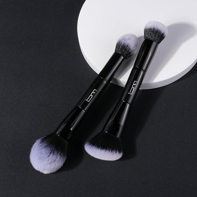 2Pcs Duo End Makeup Brushes, Foundation, Powder, Contour, Concealer, eye makeup Brush, Double-ended Multi-functional Synthetic Cosmetic Tools Makeup Brushes(Black)