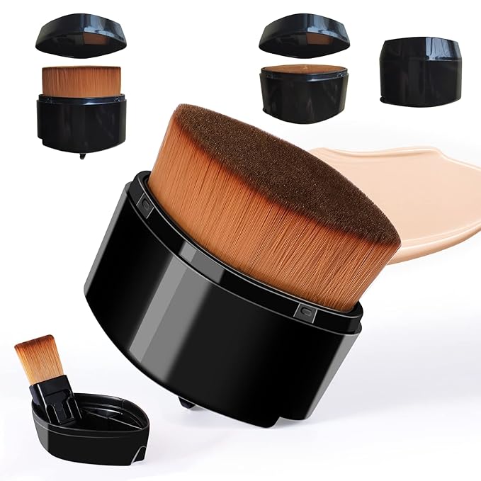 Retractable Flat Foundation Brush for Liquid Makeup with Cover, Liquid Foundation Brush, Flat Makeup Brush for Liquid Foundation, Cream Contour Brush for Cream Makeup. - Black, 55R