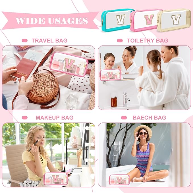 Personalized Initial Letter Clear Makeup Bag,Preppy Small Nylon&PVC Cosmetic Zipper Bag with Chenille Letter,Portable Beach Travel Skincare Toiletry Bag,Trendy Monogram Gift for Teen Girls Women,V