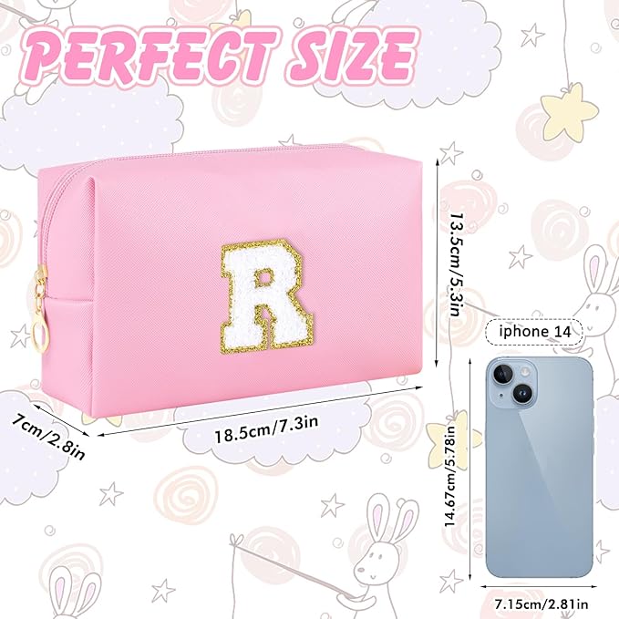 Initial Makeup Bag for Women Travel Small Cosmetic Bag Personalized Preppy Chenille Letter Waterproof Pink Makeup Pouch for Purse Monogram Toiletry Bag with Zipper PU Leather Makeup Case（R）