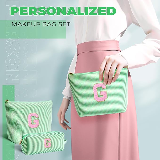 Personalized Makeup Bag for Women Girls - Fashion Cosmetic Bag Trendy Travel Toiletry Bag with Initials Letter - Teen Gifts - Green,G