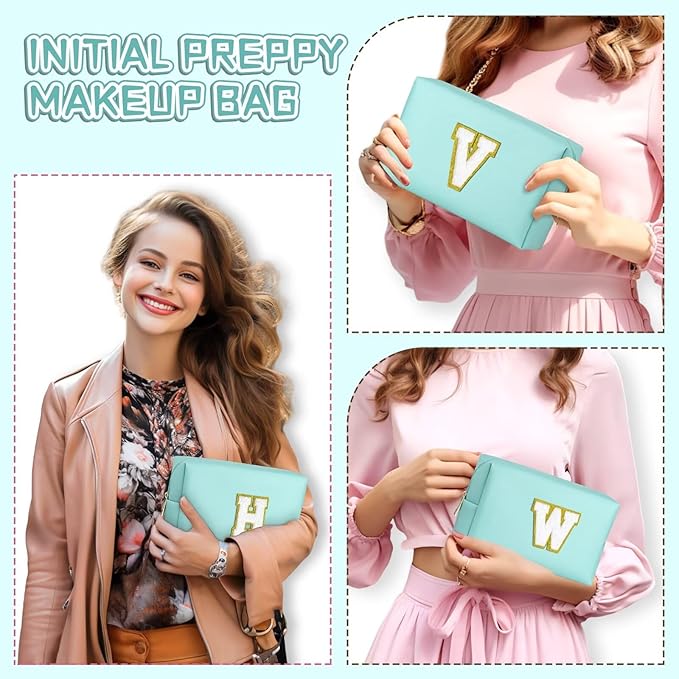 TOPEAST Monogrammed Gift for Women Girls, Personalized Initial Makeup Bags Cosmetic Bag with Zipper, Cute Makeup Pouch, PU Leather Waterproof Toiletry Bag, Preppy Gifts Stuff for Girl (Blue E)