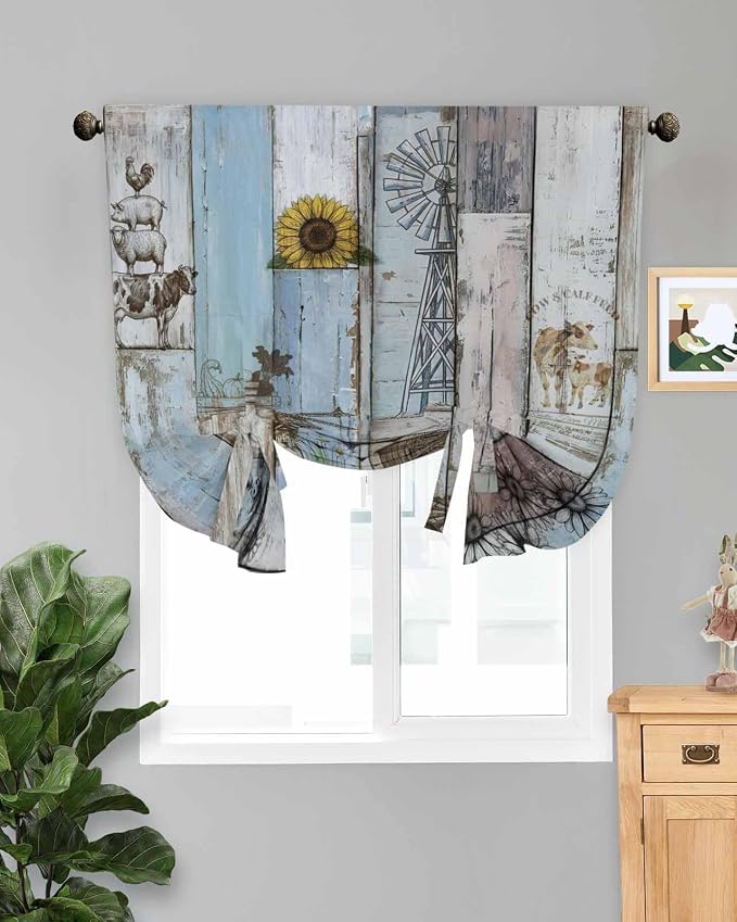 Tie Up Curtains for Windows, Farmhouse Barn Sunflowers Retro Room Darkening by Anzona