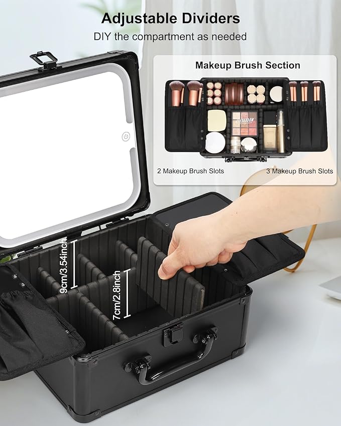 Relavel Makeup Bag with LED Mirror, Makeup Box Travel Train Case with Rechargeable Lighted Mirror & Adjustable Dividers, Cosmetic Brush Organizer Storage for Makeup Artists Gifts for Women and Girls