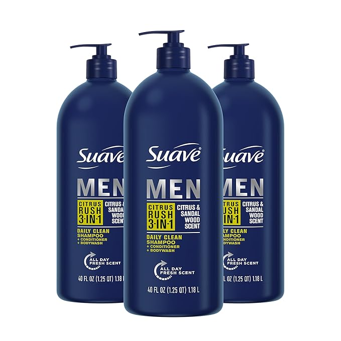 Suave Shampoo Conditioner Bodywash Men 3 in 1 Citrus & Sandal Wood to Cleanse and Nourish Hair and Skin, 40 oz Pack of 3