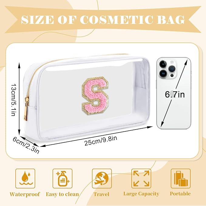 Personalized Initial Letter Clear Makeup Bag,Preppy Small Nylon&PVC Cosmetic Zipper Bag with Chenille Letter,Travel Skincare Toiletry Bag,Monogram Christmas Gift for Teen Girls Women,S