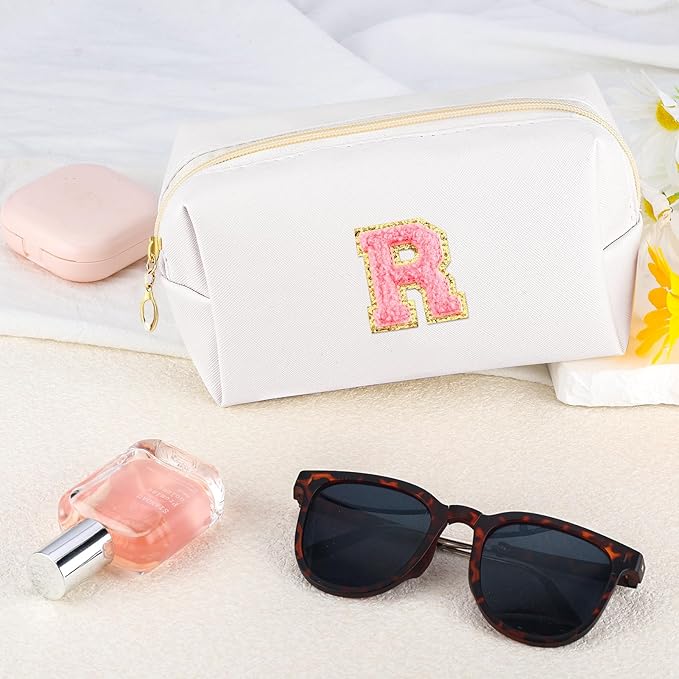 Initial Makeup Bag Personalized Preppy Travel Small Cosmetic Bag Cute PU White Chenille Letter Makeup Pouch for Purse Waterproof Zippered Toiletry Organizer for Women Girls Kids Friends (R)