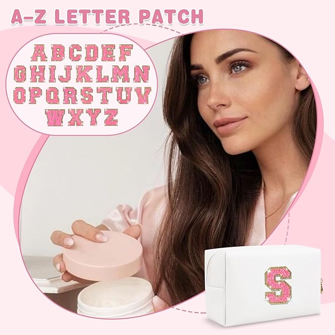 Small Personalized Initial A-Z Patch Makeup Bag,White Cute PU Leather Glitter Letter Cosmetic Bag for Teen Girls,Travel Toiletry Bag with Zipper,Preppy Monogrammed Birthday Gift for Daughter Niece S