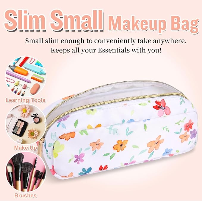 Nylon Small Floral Makeup Bag Slim Pouch, Preppy Cute Makeup Brush Case Bag Cosmetic Zipper Pouch for Purse, Waterproof Travel Toiletry Bag Coin Pouch Make Up Organizer for Women Girls(White-Flower)