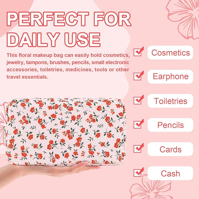 Waterproof Small Floral Makeup Bag Pouch for Purse,Nylon Flower Cosmetic Bag Preppy Travel Toiletry Storage Bag for Women Girl,Cute Makeup Organizer Bag Skincare Bag with Zipper(Small Pink-Flowers)