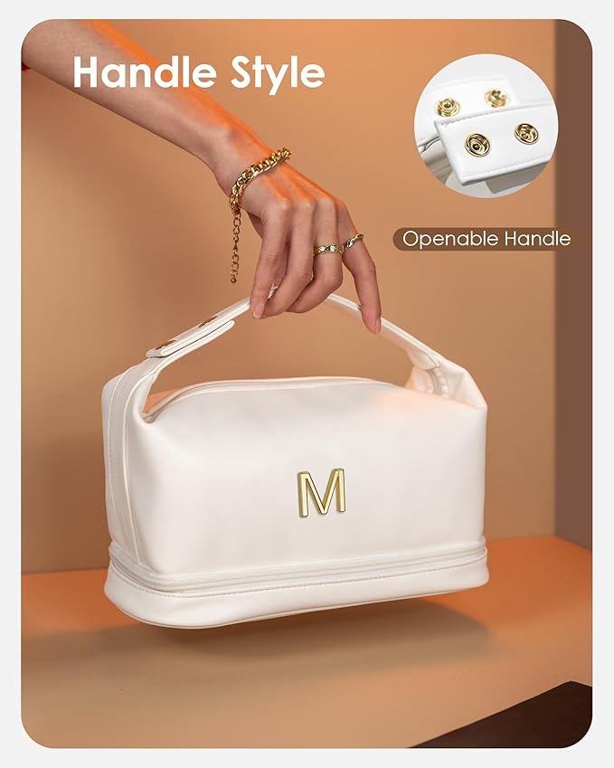 Engagement Gifts, Initial Large Makeup Bag, Personalized Double Layer Cosmetic Bag with Makeup Brush Organizer, Waterproof, Large Capacity PU Leather Travel Toiletry Bag
