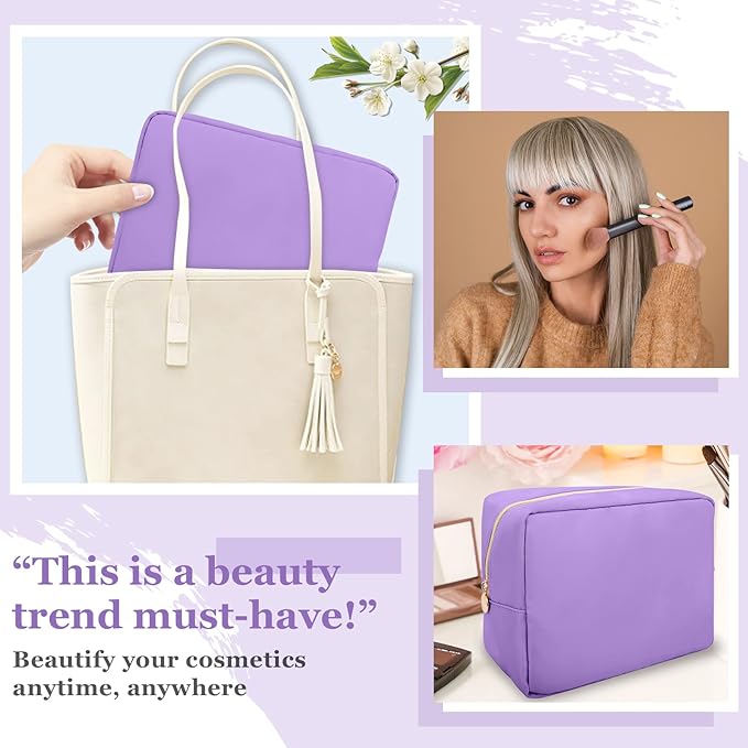 Nylon Large Makeup Bag Travel Cosmetic Bag Pouch, Preppy Big Makeup Bag Cute Cosmetic Zipper Pouch Purse, Waterproof Toiletry Bag Clutch Makeup Organizer Travel Essentials for Women Men Girls(Purple)