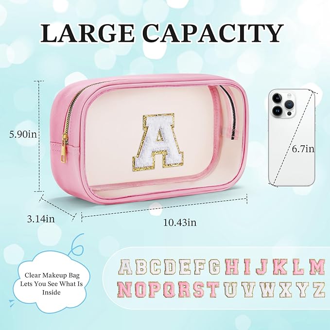 YOOLIFE Birthday Gifts | Initial Travel Essentials Makeup Bag, Clear Toiletry Bag Pouch Cosmetic Bag Case Large Makeup Bag Personalized Pink Birthday Gifts for Women Teacher Mom Teen Friends J