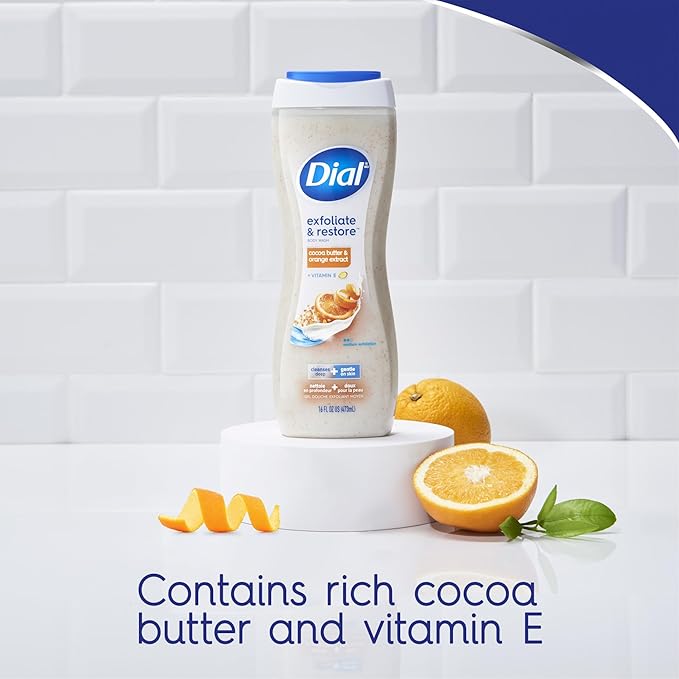 Dial Body Wash, Exfoliate & Restore Cocoa Butter & Orange Extract, 32 Fl Oz, With Vitamin E, Gentle, Leaves Skin Feeling Nourished, Dermatologist-Tested, No Parabens & Sulfates