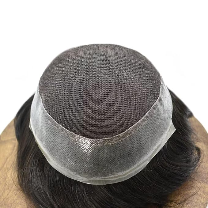FACE MIRACLE Toupee for Men French Lace Hairpiece Human Hair Replacement System Skin PU Mens Toupee V-Looped Front Hair Piece 6"X8" #1B Off Black-120% medium light to medium density