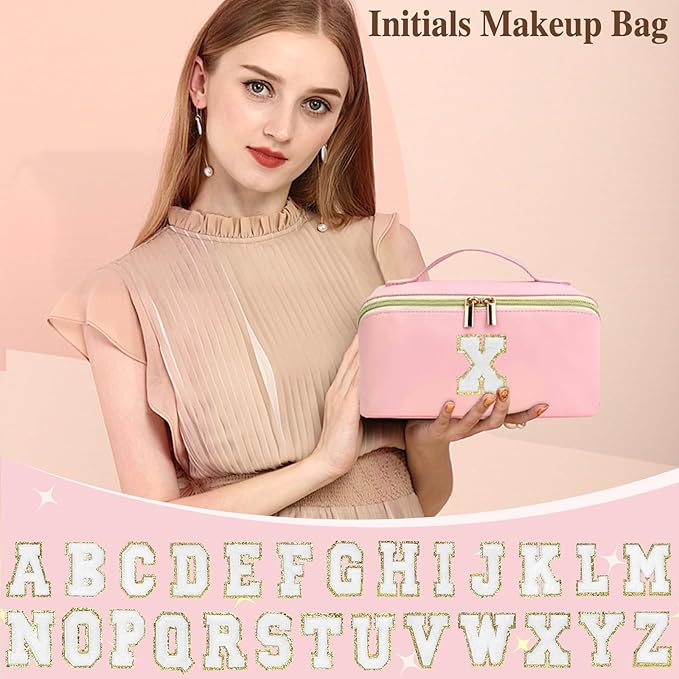 for Christmas Day Gifts, Makeup Bag for Women, PU Leather Travel Toiletry Bags, Initial Make Up Cosmetic Pouch for Teen Girls, Wide Open Portable Skincare Bag, Personalized Birthday Gifts, Pink F
