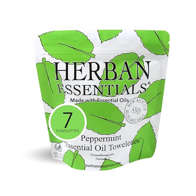 Herban Essentials - Peppermint Wipes & Towelettes - Essential Oil Wipes for Hands & Body - Travel Size Essentials and Toiletries - Natural, Individually Wrapped, Disposable & Moist Refresh (7 count)