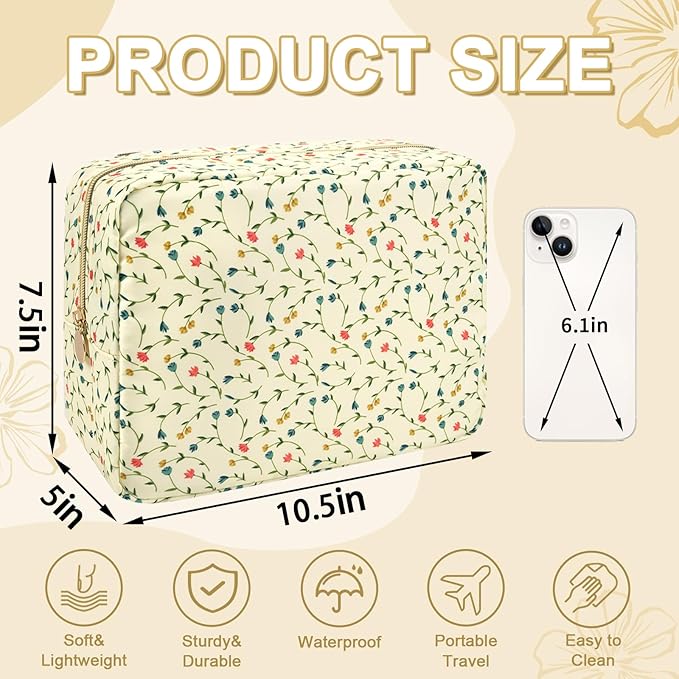 Waterproof Large Floral Makeup Bag Pouch,Nylon Travel Toiletry Storage Bag Preppy Flower Cosmetic Bag for Women Girl,Large Capacity Makeup Organizer Bag Cute Zipper Pouch(L Light Yellow-Flowers)