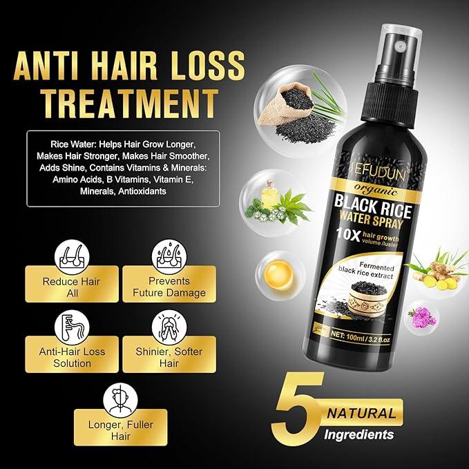 (3Pc) Organic Black Rice Water Spray for Hair Growth, A Solution with Castor Oil & Ginger Root Extract for Thicker, Fuller Hair, Targets Hair Loss and Repairs Damage 300ml/9.6 fl.oz