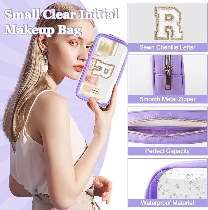 Small Clear Personalized Initial Makeup Bag,Nylon Preppy A-Z Chenille Letter Patch Cosmetic Pouch Beach Toiletry Bag,Waterproof Zip Travel Purse Storage Bag Organizer for Women Girls(Purple-White R)