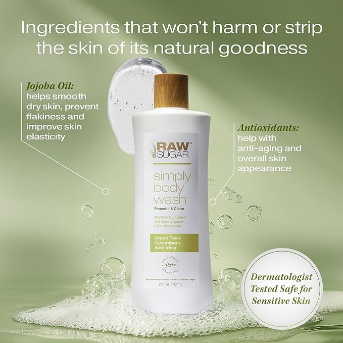RAW SUGAR Simply Body Wash, (25 Fl Oz, Pack of 1) Bath Soap, Formulated without Sulfates & Parabens (Green Tea + Cucumber + Aloe Vera)
