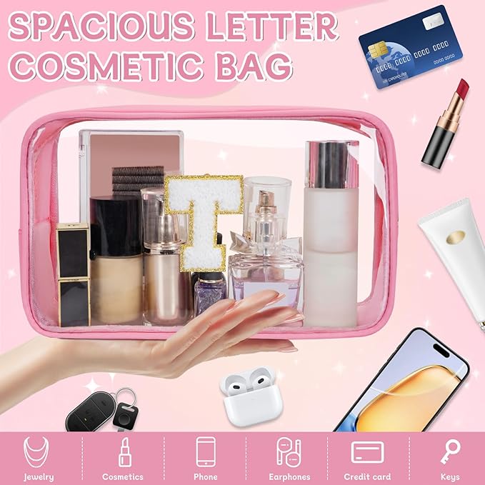 Personalized Initial Clear Makeup Bag, Travel Chenille Patch Cosmetic Bag, Preppy Toiletry Bag Monogram Cosmetic Pouch with Zipper, Ideal Gift for Teen Girls Women (Clear-Pink, T)