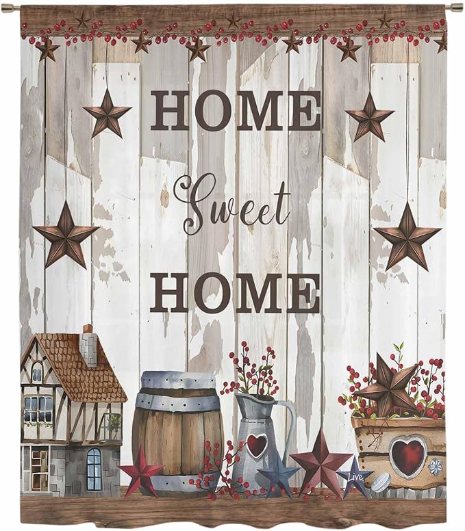 Farmhouse Sheer Curtains 72 Inch Length Retro Country Star Berry Vintage Wood - Image 6