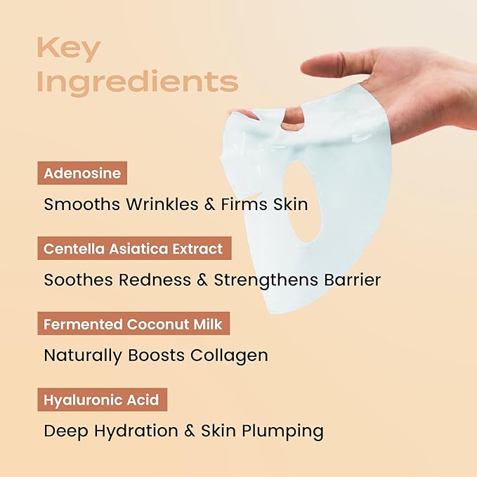 Body Restore Natural Collagen Face Mask 5 Pack – Korean Skin Care Mask with Fermented Coconut Water, Christmas Stocking Stuffers, White Elephant, Birthday Gifts for Women & Men, Dry Skin - Glow