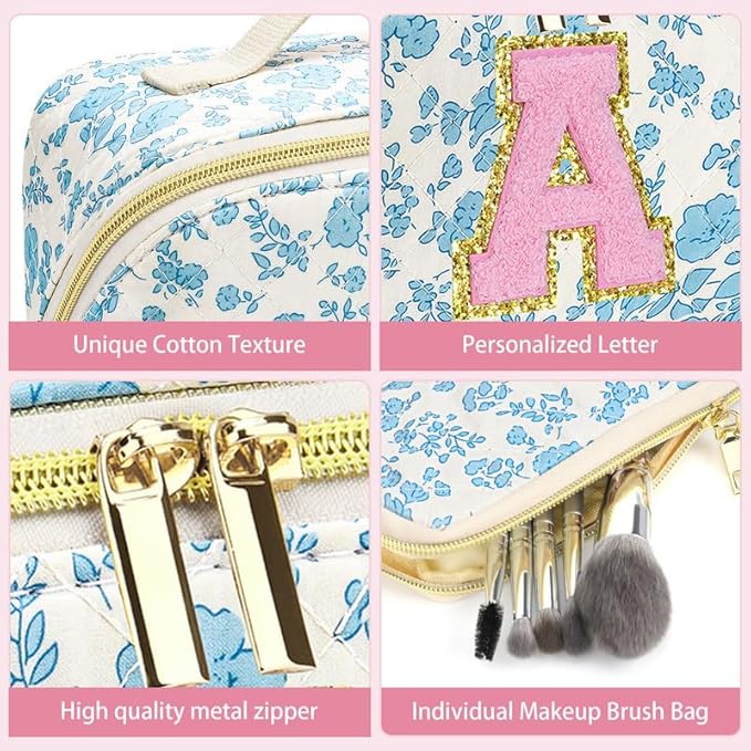 Personalized Travel Makeup Bag Set,Initial Travel Cute Floral Makeup Organizer Bag,Toiletry Skincare Cosmetic Bag,Christmas Gifts for Women/Girls,Open Flat Toiletry Pouch with Brush Pocket-S