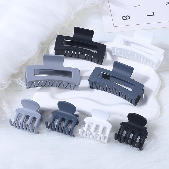 Medium Hair Clips for Women 8 Pcs Small Claw Clips for Thin and Thick Hair 2 Styles Hair Claw Clips Combination Rectangle Banana Jaw Hair Accessories for Women and Girls (Grey)