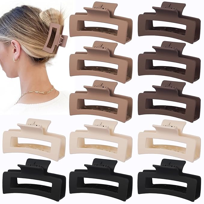 12 Pcs Medium Hair Clips for Women, 3.5 Inch Square Claw Clips, Colorful Hair Claw Clips for Thick and Thin Hair, Bulk Hair Accessories for Women and Girls- Brown