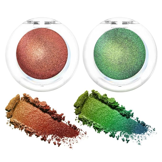 evpct 2Pcs Duochrome Chameleon Chrome Multichrome Eyeshadow Makeup Palette Set Women, Rose red Gold Forest Green Metallic Holographic Glitter Sparkle Shimmer Loose Eyeshadow Eye Shadow Palette Makeup