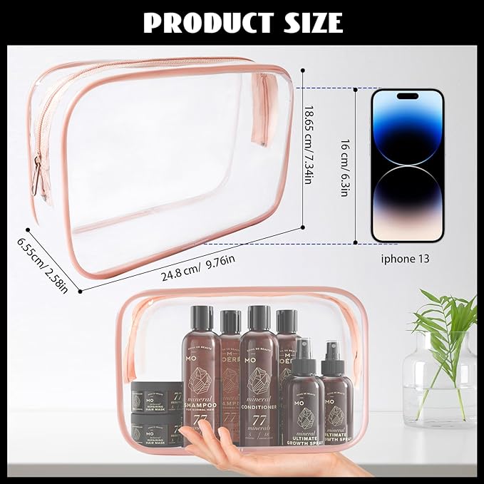 16 Pieces Clear Cosmetic Bags, Large Transparent Makeup Bags, TSA Approved Toiletry Bag for Travel, PVC Waterproof Clear Pouch with Zipper Make Up Bag for Women and Men Traveling (Rose Pink-L)