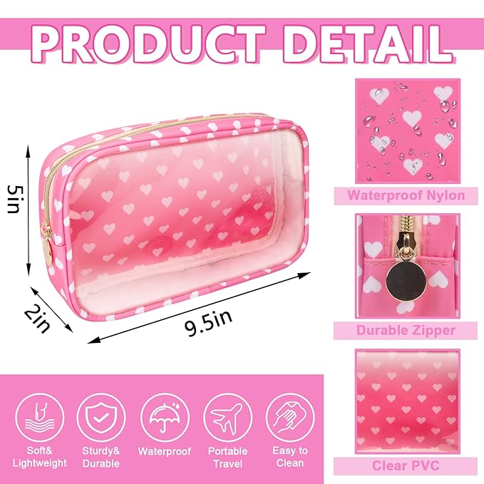 Clear Small Makeup Bag with Zipper, Nylon&PVC Cosmetic Travel Bag Preppy TSA Approved Toiletry Bag for Women Girls, Transparent Waterproof Makeup Pouches Cute Travel Bag for Purse(Small-Pink Heart)