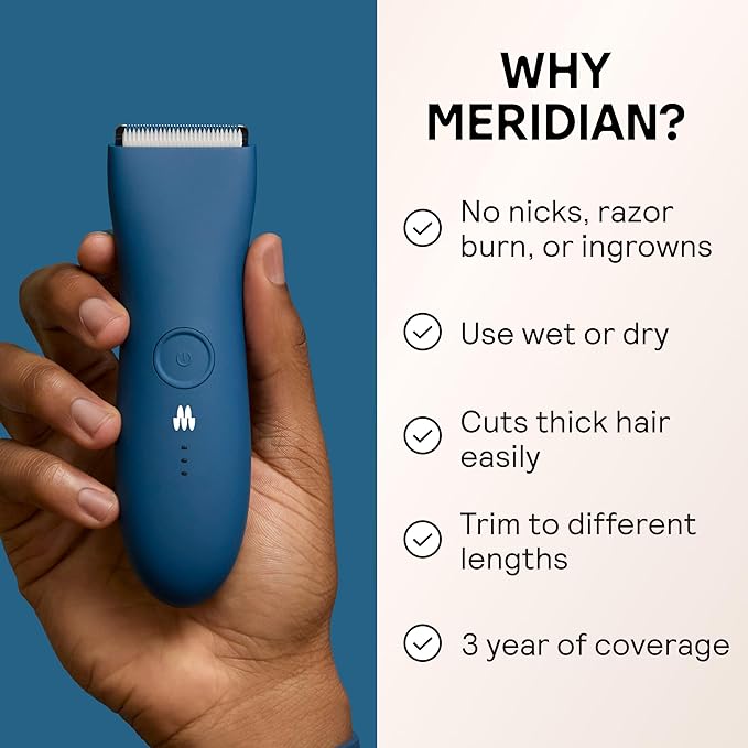 MERIDIAN The Trimmer Original - Body Hair Trimmer for Men, Electric Shaver for Pubic Hair, Chest, Legs & Bikini, Waterproof & Rechargeable, Ocean