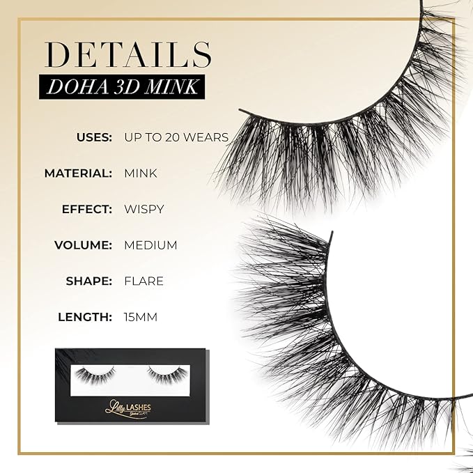 Lilly Lashes Doha 3D Mink Lashes, The Original Lilly Lash for Wispy & Natural Look, Reusable Eyelashes up to 25x, Fluffy Eyelashes, Strip Lashes, Lash Glue not Included