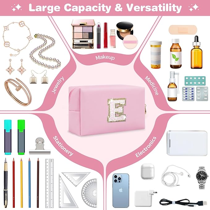 Small Personalized Initial A-Z Patch Makeup Bag,Pink Cute PU Leather Glitter Letter Cosmetic Bag for Teen Girls,Travel Toiletry Bag with Zipper,Preppy Monogrammed Birthday Gift for Daughter Niece E