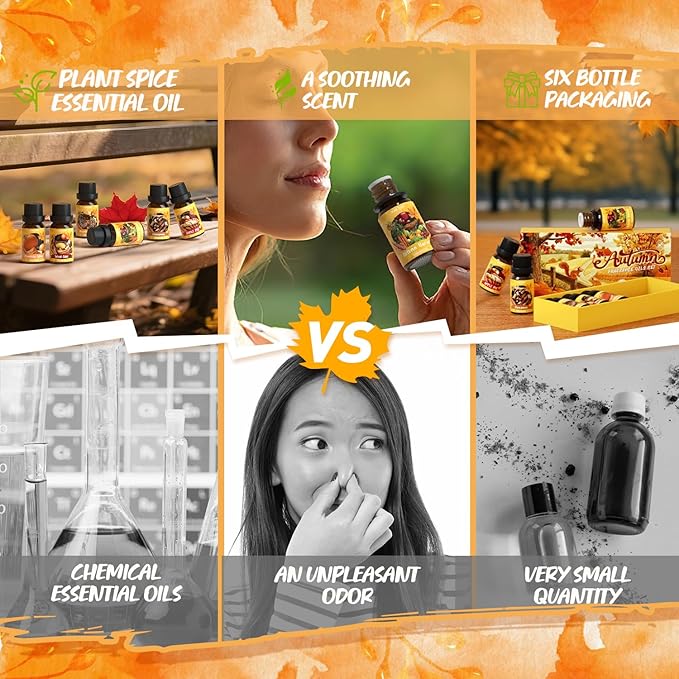 Autumn Fragrance Oils Set, Essential Oil for Diffuser, Fall Scent Diffuser Oil, Use for Soap Candle Making,Pumpkin Spice, Spiced Cider, Maple Syrup, Autumn Harvest, Cinnamon, and Apple Pie